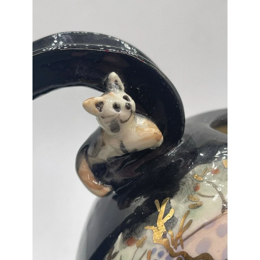 VTG Black Teapot Handpainted Signed O Gold w/ Ceramic Figures Boy Violin Cat +
